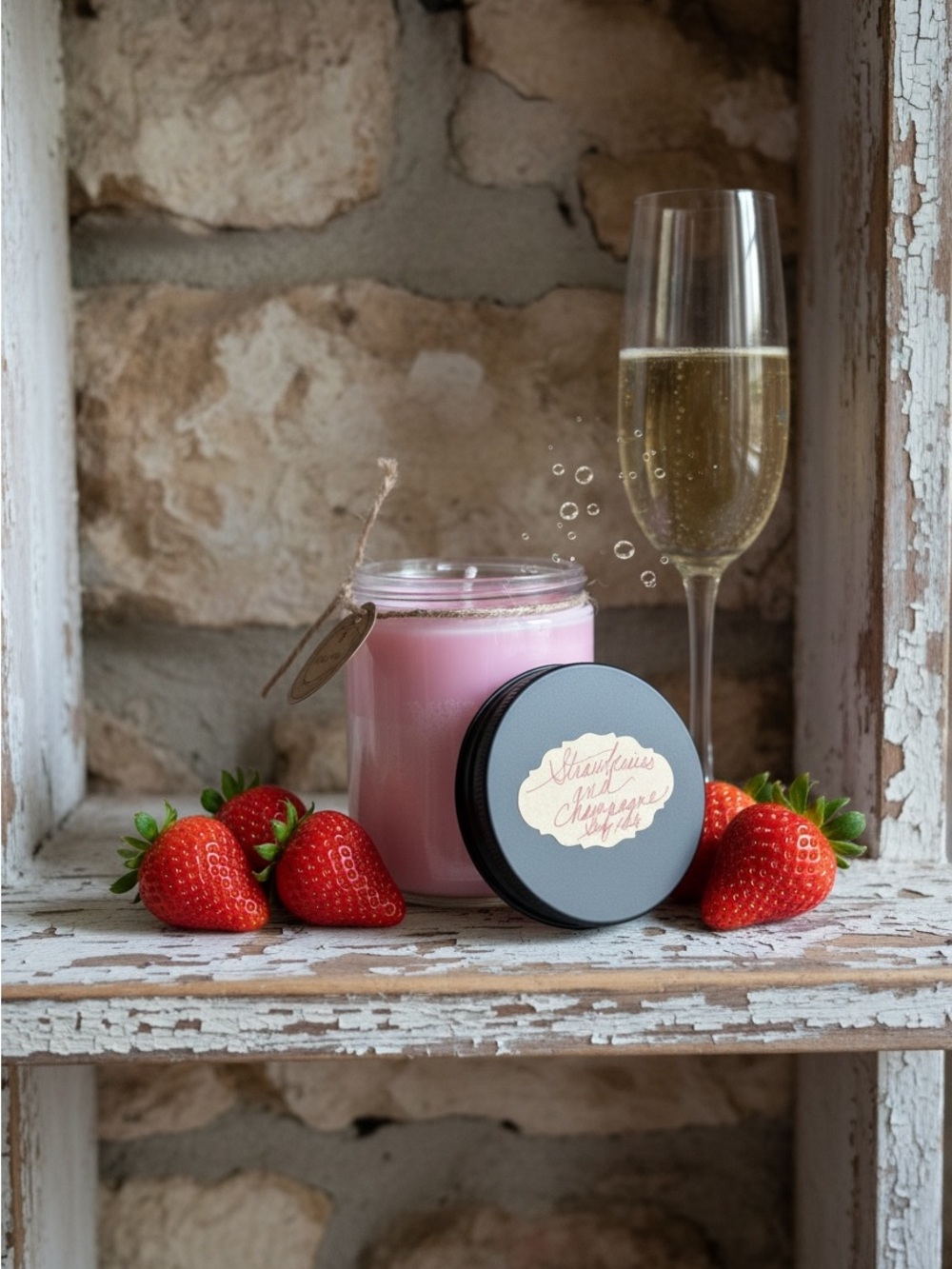 Hand-Poured Strawberries and Champagne 8 oz Soy Jar Candle — Pink Scented Candle